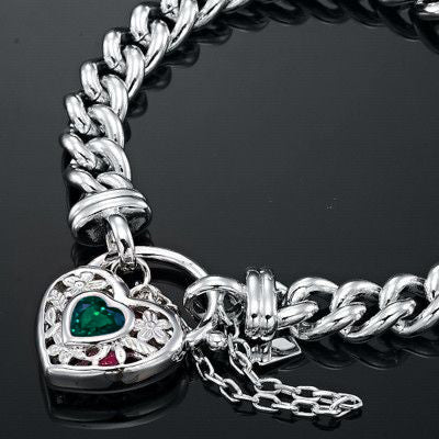 925 Sterling Silver Plated Euro Chain Bracelet with a Green Filigree Locket - USA Made-1